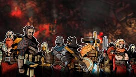 A cluster of heroes stand in front of a 2D art battle scene from an isometric game.