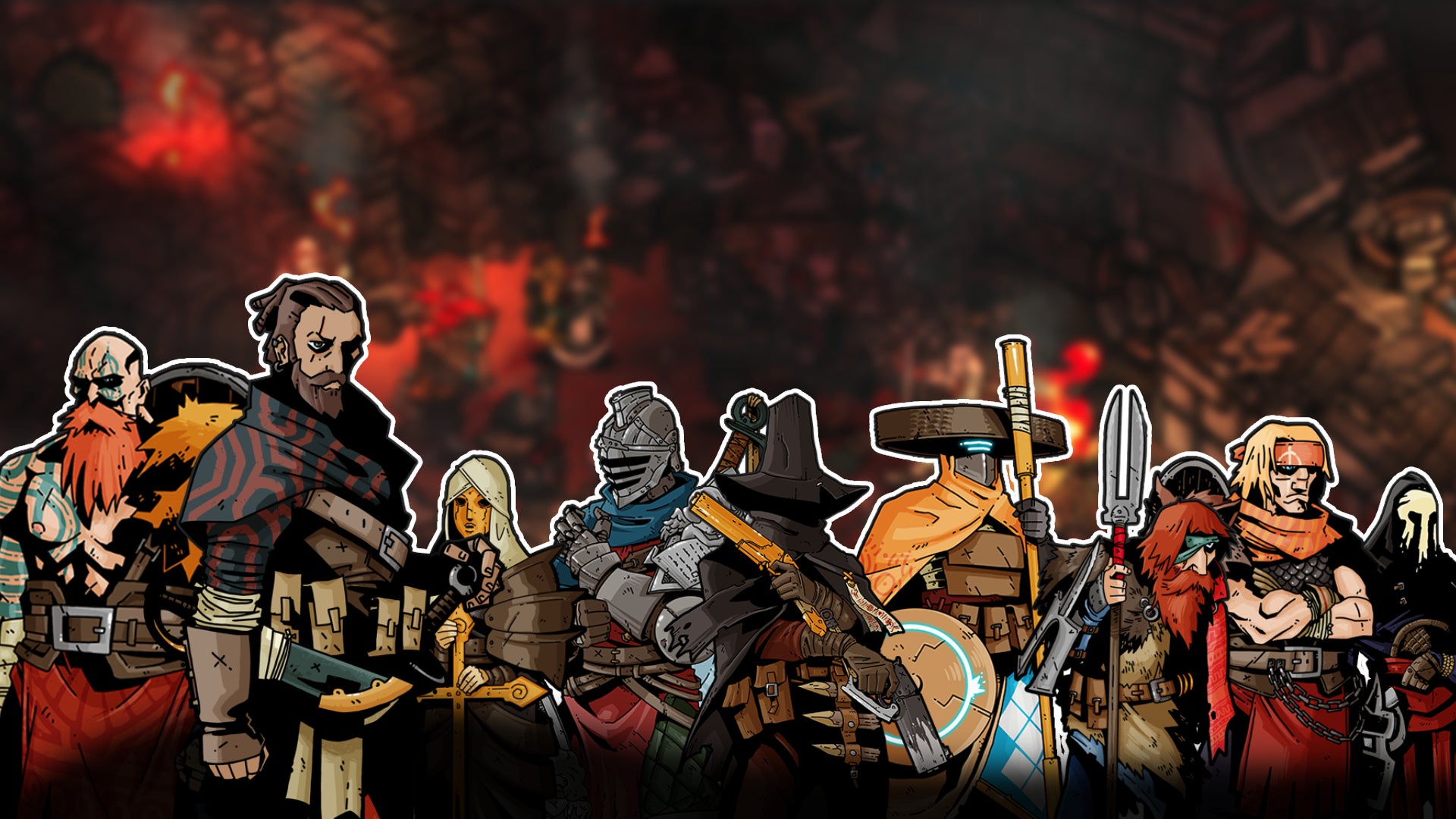 A cluster of heroes stand in front of a 2D art battle scene from an isometric game. - 1