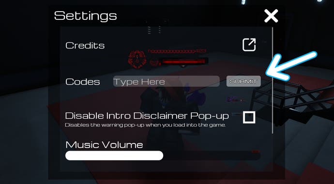 Arrow pointing at the codes redemption box in the centre of the screen in the Roblox game Pressure.
