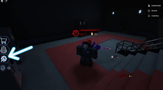 Arrow pointing at the location of the settings cog on the left of the screen in the Roblox game Pressure.