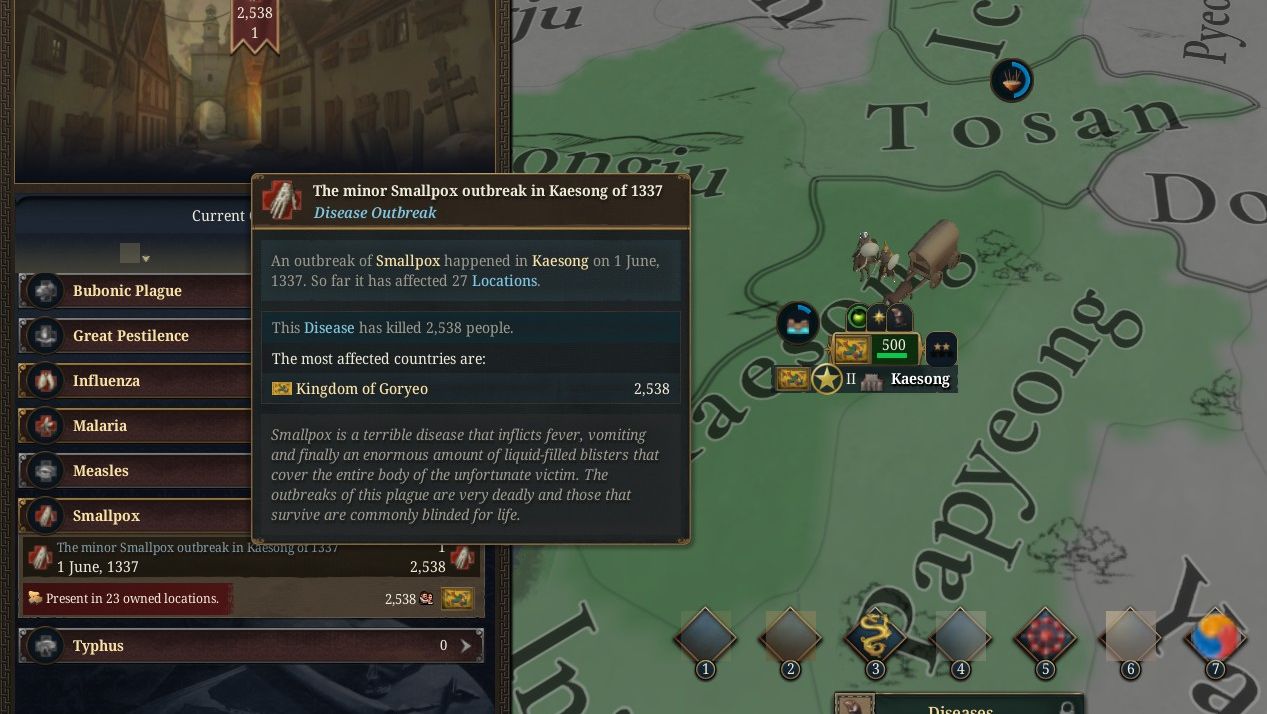 A message pops up to explain there is an outbreak of smallpox in the capital city. - 4