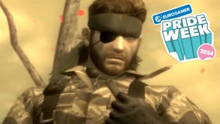 A screenshot of Metal Gear's Snake overlaid with the Eurogamer Pride Week 2024 logo.