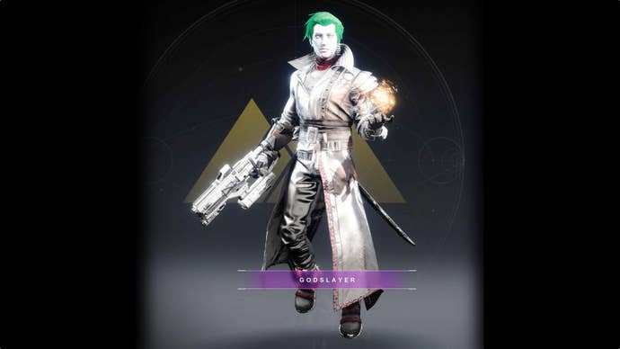 A screenshot of a green-haired Destiny 2 player character overlaid with the caption “Godslayer”.