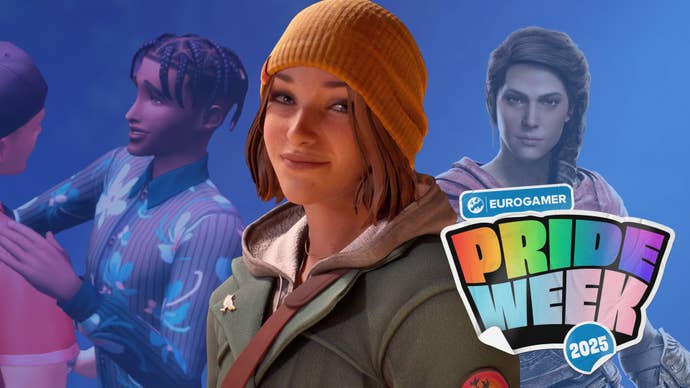 Composite image showing two male Sims dancing together, Assassin's Creed Odyssey's Kassandra, and Life is Strange: Double Exposure's Max Caulfield positioned in the centre foreground. The Eurogamer Pride Week 2025 logo is overlaid in the lower right-hand corner.