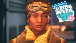 A screenshot showing The Outer Worlds' Parvati Holcomb, overlaid with a logo reading, "Eurogamer Pride Week 2024".