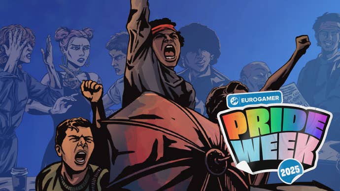 Illustrated artwork from the tabletop RPG Mad as Hell featuring a group of people laughing and arguing while another group protests with their fists in the air in the centre of the image. The Eurogamer Pride Week 2025 logo is superimposed in the bottom-right corner.