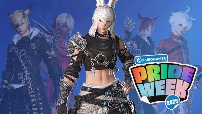Composite image showing several prominent characters from Final Fantasy 14 surrounding a male player character with bunny ears and an exposed midriff. The Eurogamer Pride Week 2025 logo is overlaid in the bottom-right.