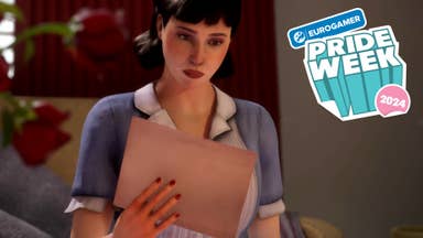 A screenshot from This Bed We Made showing protagonist Sophie examining a letter she's discovered while cleaning a guest's hotel room. The Eurogamer Pride Week 2024 logo is overlaid on the image.