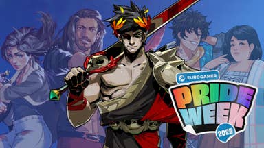 Composite image showing Zagreus from Hades surrounded by characters from Boyfriend Dungeon and Date Everything. A logo for Eurogamer's Pride Week 2025 appears in the bottom-right corner.