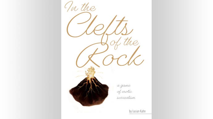 A simple illustrated cover for the game In the Clefts of the Rock. Beneath the large gold title, there is a hand-drawn image of an erupting volcano, plus the words, "A game of erotic surrealism by Lucian Kahn".