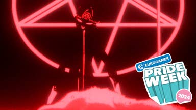 A screenshot from visual novel Mediterranea Inferno showing a barely visible character silhouetted against a glowing pink pentagram, their eyes red and blood seeping from their mouth. The Eurogamer Pride Week 2024 logo is superimposed on the image.