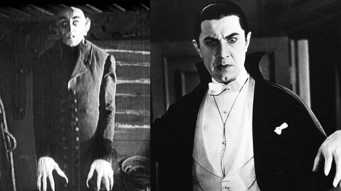 An image showing Nosferatu’s Count Orlok on the left and the Belga Lugosi version of Count Dracula on the right.