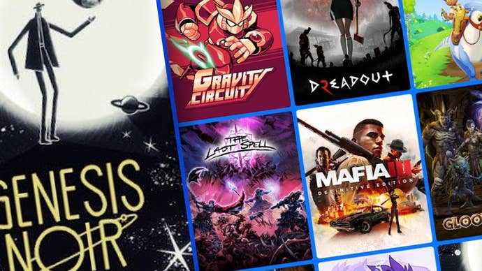 Promotional artwork showing some of the games coming to Prime Gaming in April 2025, including Mafia 3, Genesis Noir, and Gloomhaven.