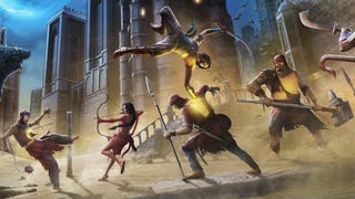 Prince of Persia: Sands of Time remake artwork showing the Prince acrobatically leaping over swarming enemies during combat.