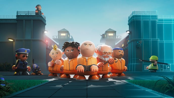Die Schlüsselkunst für Prison Architect 2 zeigt fünf 3D-Häftlinge in orangefarbenen Overalls vor einem Gefängnis.