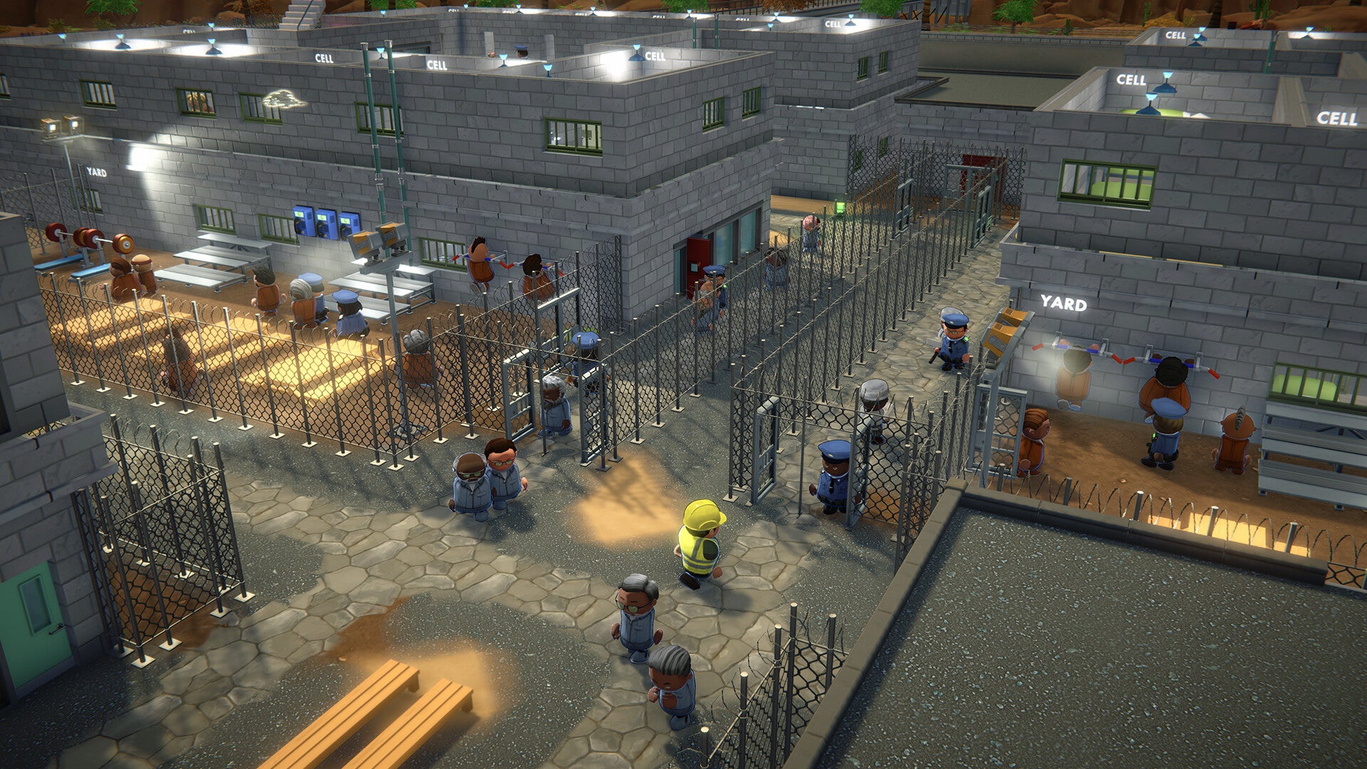 A prison courtyard in 3D in Prison Architect 2. - 3