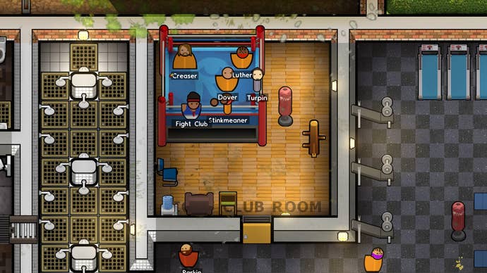 A group of prisons with names like “Stinkmeaner” and “Fight Club” hang out in a club room in Prison Architect.