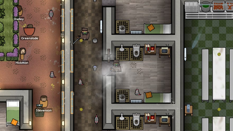 A screenshot of Prison Architect’s Perfect Storm DLC showing exterminators spraying a prison while several rats look on.