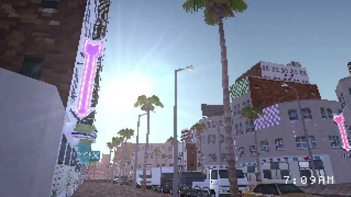 A city street lined with palm trees.