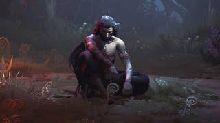An illustrative-style character in a cancelled video game called Project 8, sitting cross-legged on the ground with their head bowed. They are masculine and their chest is bared and they have pale, greyish skin and long dark hair.