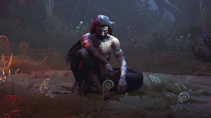 An illustrative-style character in a cancelled video game called Project 8, sitting cross-legged on the ground with their head bowed. They are masculine and their chest is bared and they have pale, greyish skin and long dark hair.