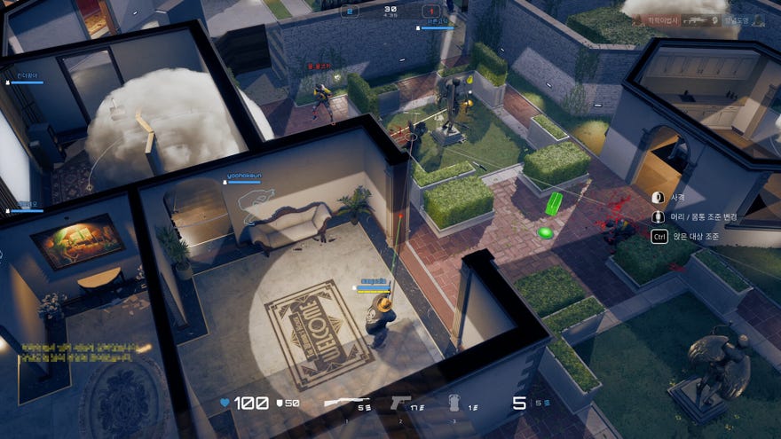 Players aim guns at each other in close quarters, top down combat in Project Arc.