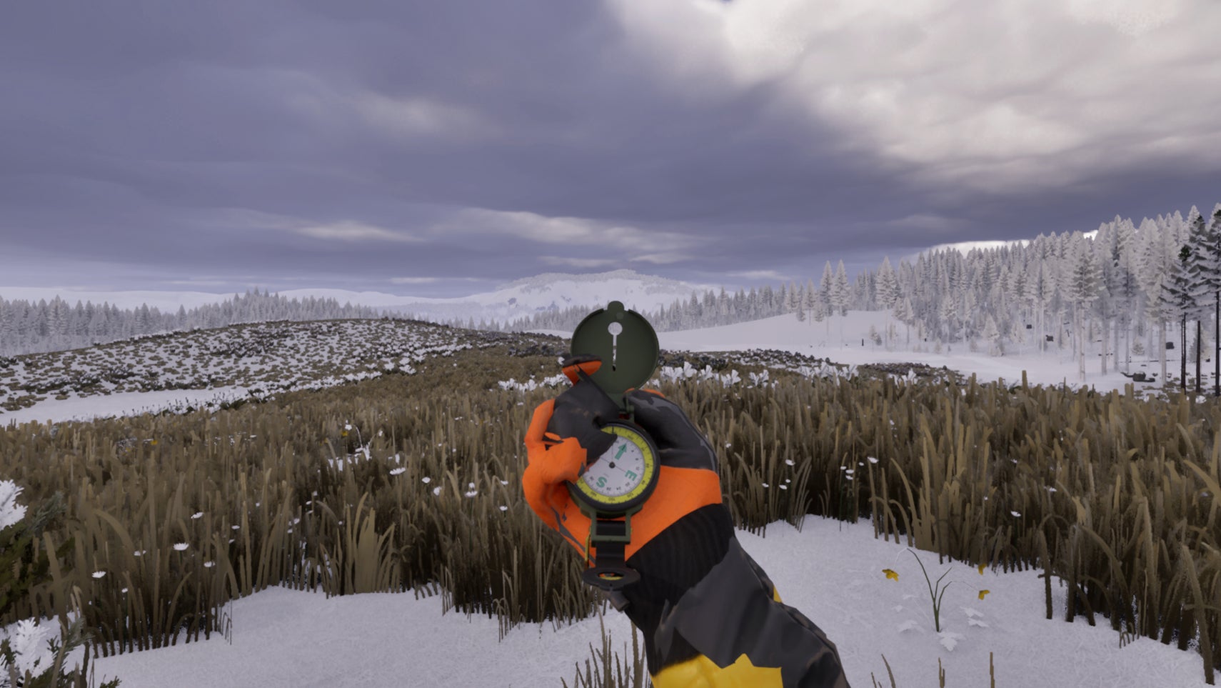A hand is holding a compass in a first-person perspective, looking out at a mostly snow-covered hilly region in Project Artemis. - 1