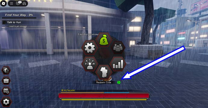 Arrow pointing at code redemption box in Project Baki 4.