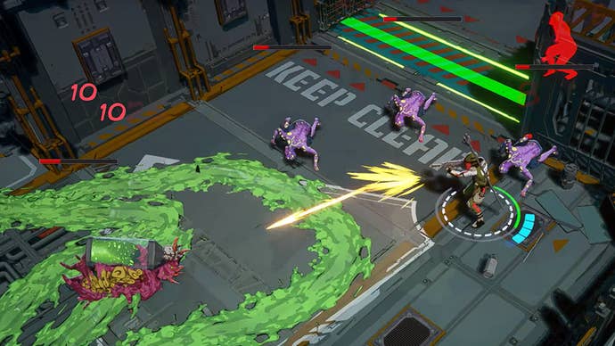 The character blasts away at a crawling goo monster in The Callisto Protocol’s roguelike spin-off Project Birdseye