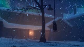 A Project Borealis: Prologue screenshot showing a Headcrab Zombie dangling from a noose on a tree in a snow-covered version of Ravenholm.