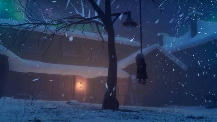 A Project Borealis: Prologue screenshot showing a Headcrab Zombie dangling from a noose on a tree in a snow-covered version of Ravenholm.
