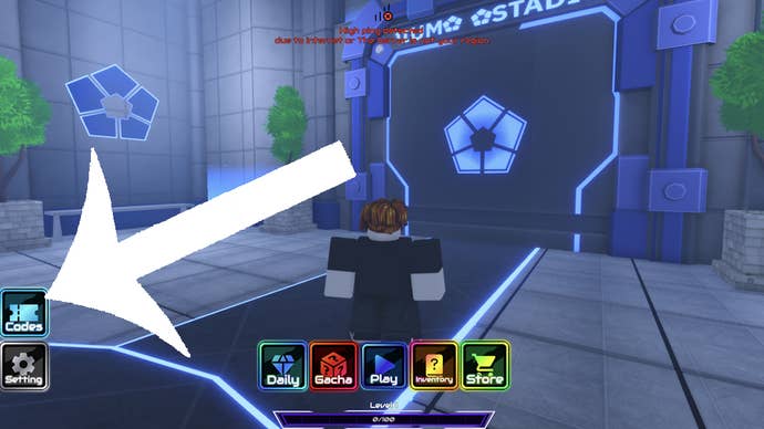 An arrow pointing at the codes button in the Roblox game Project Egoist.