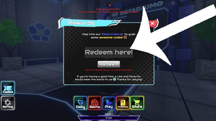 An arrow pointing at the codes menu in the Roblox game Project Egoist.