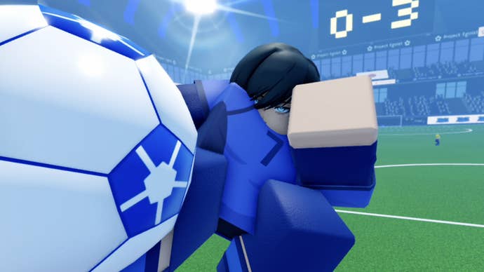 A Roblox character trapping a football in the air in the anime-inspired game Project Egoist.
