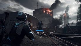 A sci-fi man points his gun at another sci-fi man as buildings burn in a grey modern world.