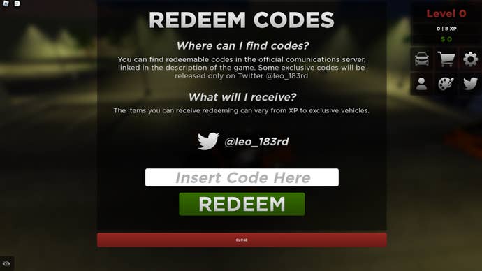 Arrow pointing at the codes menu in the Roblox driving game Project No Hesi.