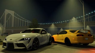 Promotional image for Roblox game Project No Hesi showing two Japanese-style sports cars by a bridge at night.