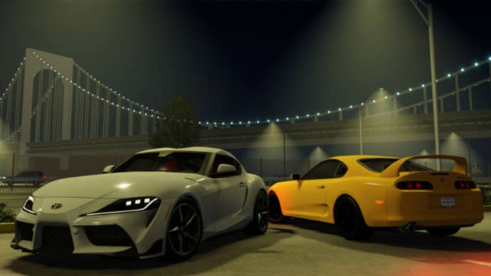 Promotional image for Roblox game Project No Hesi showing two Japanese-style sports cars by a bridge at night.