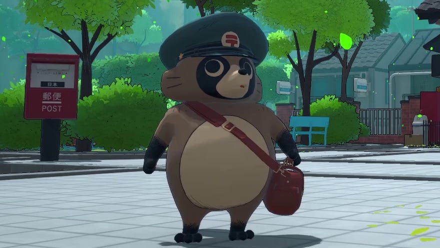 A tanuki wearing a postman uniform in Project Tanuki’s trailer.