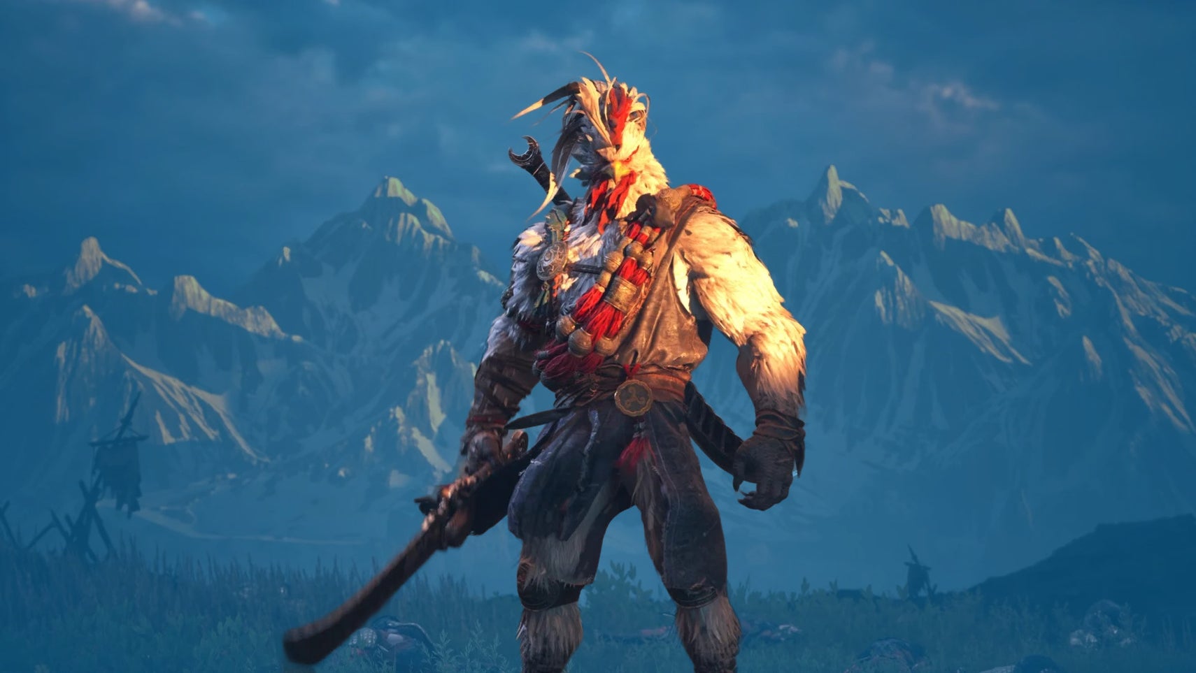 Project Windless promotional image showing its muscular, bird-like protagonist posing in front of distant mountains.