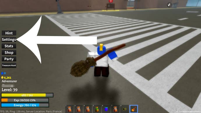 Arrow pointing at the button players need to press to access the settings menu in Roblox game Project XXL.