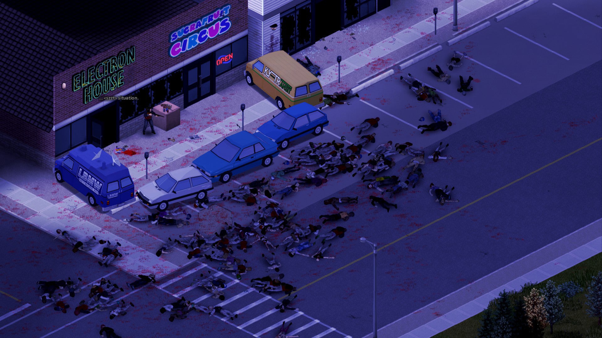 A screenshot of Project Zomboid showing a player on a street at night, barricaded by some cars, as a swarm of zombies shamble towards them. - 7