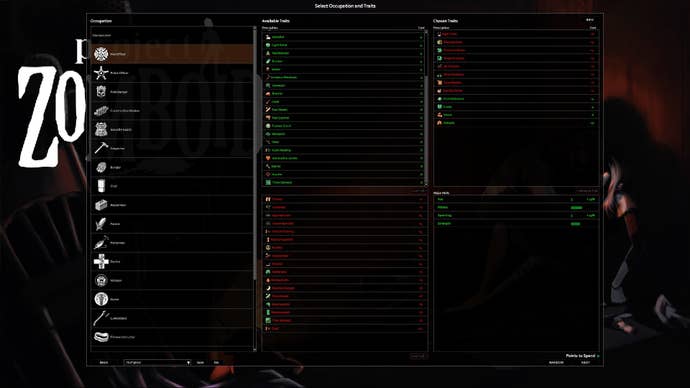 Project Zomboid character creation menu with a firefighter build