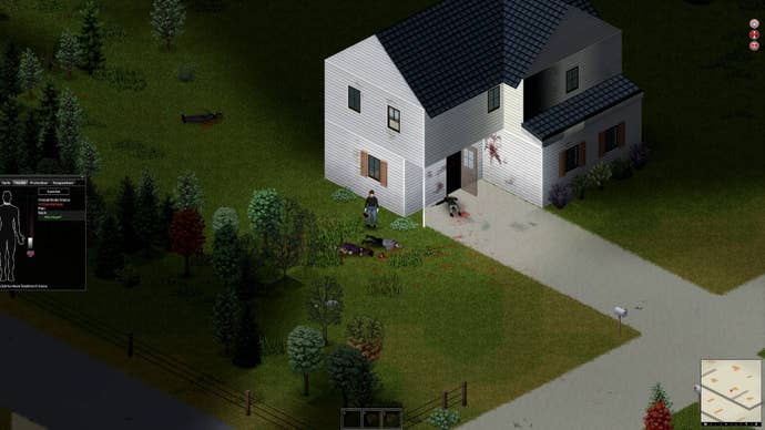 Project Zomboid player surrounded by zombie corpses. Player’s leg is fractured after jumping out of a high window to escape a horde