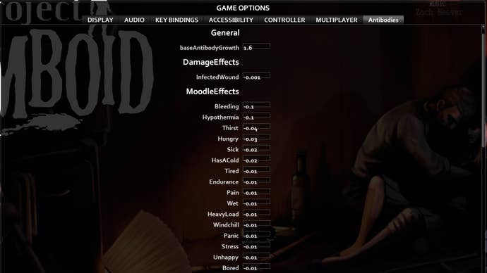A menu screen showing the Antibodies mod effects in Project Zomboid