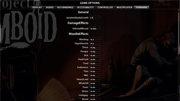 A menu screen showing the Antibodies mod effects in Project Zomboid