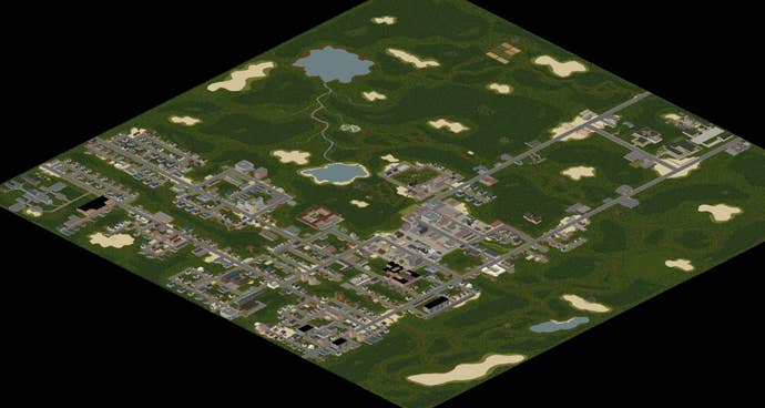 An isometric map square of the Bedford Falls mod in Project Zomboid