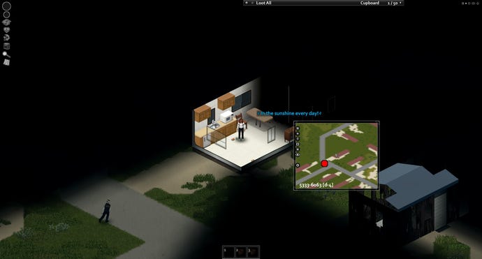 A human stands inside a kitchen in Project Zomboid, with the Eris Mini Map mod in play