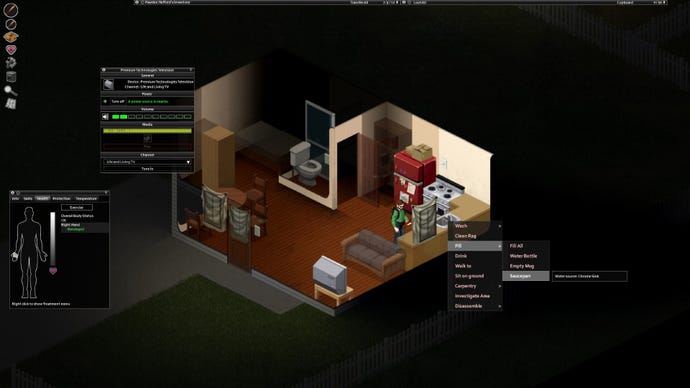 Project Zomboid player interacting with a sink to fill a saucepan and mug with water for storage