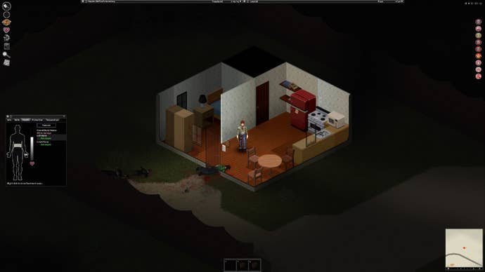 Project Zomboid player stands in a building covered in blood. He has several lacerations and zombie scratches. The moodlets indicate he is becoming a zombie, as he is nauseous but no infection is listed.